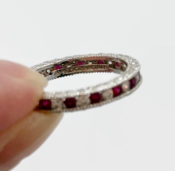 Art Deco Ruby Ring: Sterling Silver CZ Band, Size… - image 4