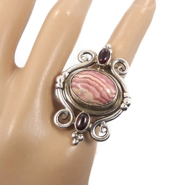 Rhodocrosite Ring, Garnet Ring, Sterling Silver, Vintage Big, Boho Statement, Gypsy Hippie, Size 6 1/4, Pink Red Stone, Gemstone, Huge Ring