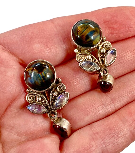 Pietersite Earrings, Moonstone, Garnet. Sterling S