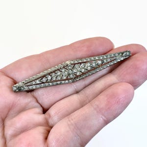 Art Deco Sterling Silver Filigree Brooch: Rhinestone Bar Pin