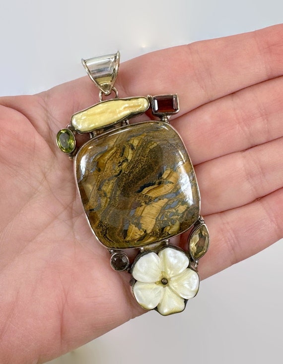 Tiger Eye Pendant, Citrine, Garnet, Quartz, Sterli