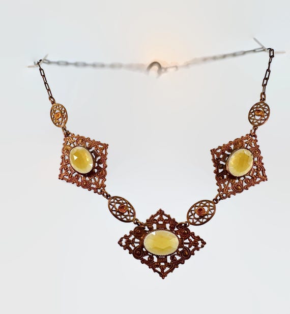Art Deco Necklace, Czech, Faceted Glass, 1920s, 1930s, Brass