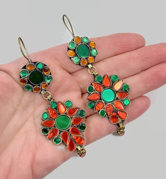 Jeweled Earrings, Middle Eastern, Orange, Green, B
