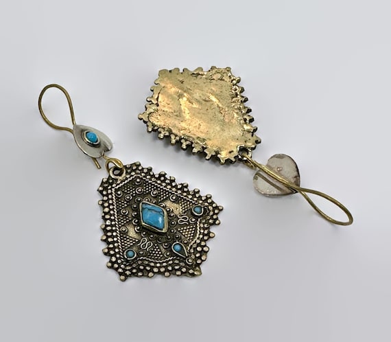 Afghan Earrings, Turquoise, Brass, Silver, Middle… - image 3