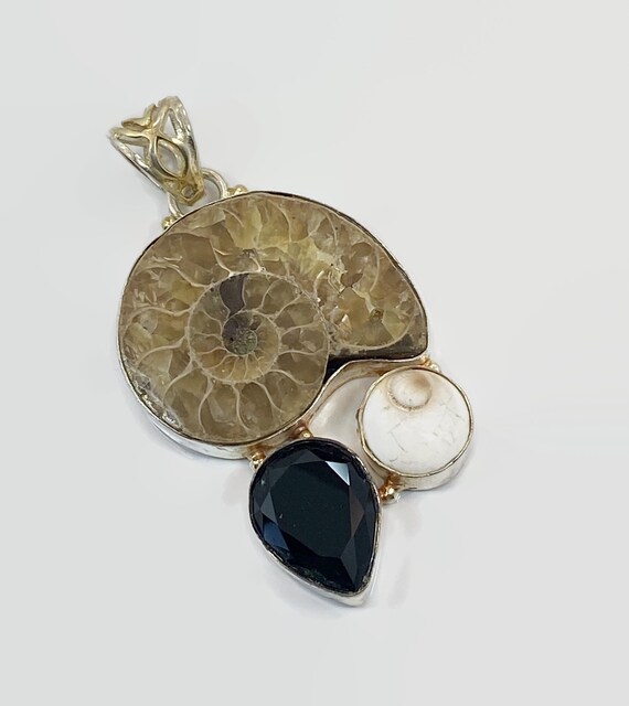 Ammonite Pendant, Fossil, Shiva Shell, Sterling S… - image 1