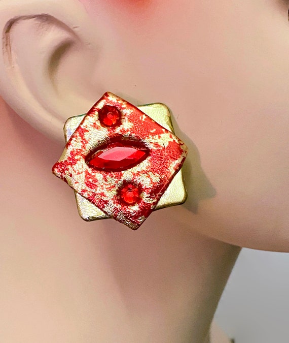 Red Earrings, Gold, Jewels, 1980s, Vintage Earrin… - image 1