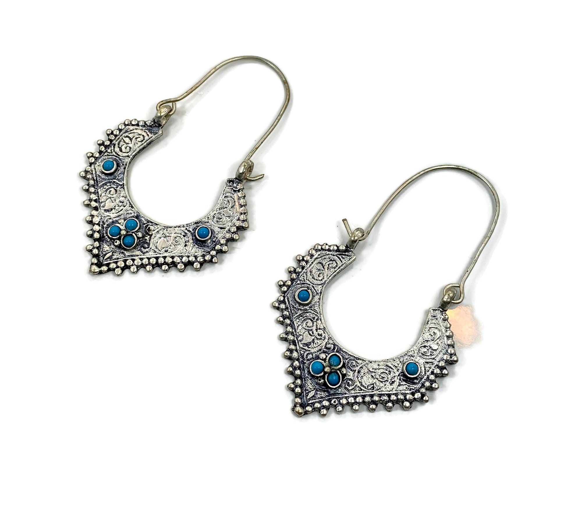 Hoop Earrings Middle Eastern Silver Afghan Turquoise Etched