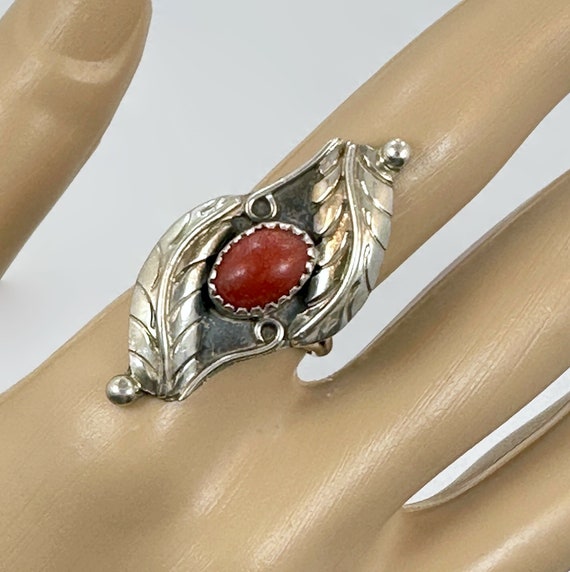 Red Coral Ring, Sterling Silver, Native American,… - image 1