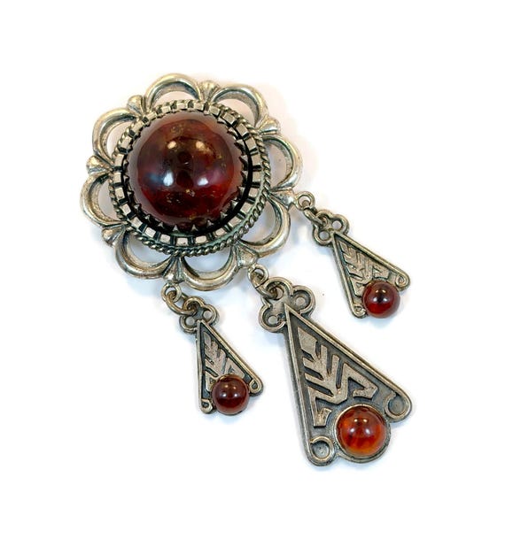 Amber Pendant, Sterling Silver, Brooch, Vintage, Cognac Amber