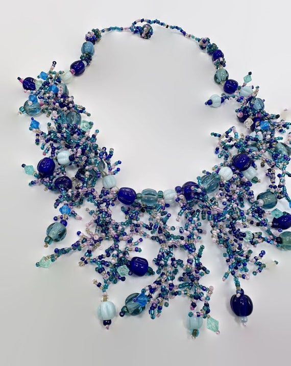 Beaded Necklace, Blue Glass, Fairy Style, Mermaid… - image 5