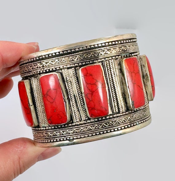Red Jasper Bracelet, Afghan Cuff, Silver Metal, Vi