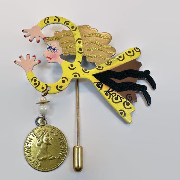 Funky Brooch, Stick Pin, Karen Rossi, Lady, Woman, Fanciful Flights, Designer, Enamel, Vintage, Unique