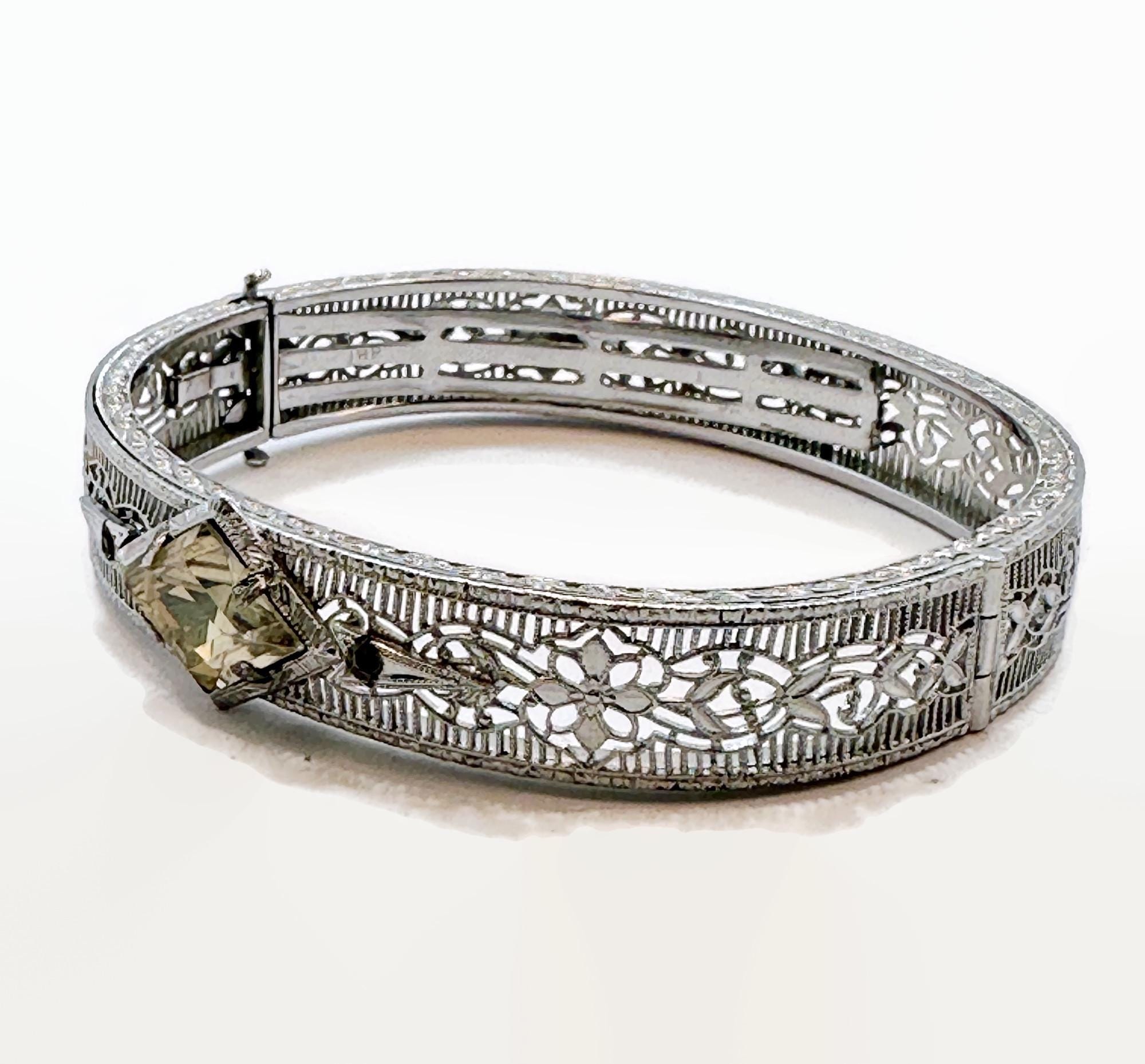 Art Deco Bracelet, Filigree, Rhodium Plated, Hinged, Signed