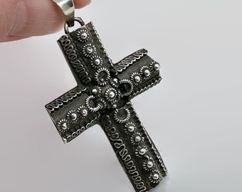 Sterling Cross, Mexico, Sterling Silver, Black, Vintage, 2 1/3" Long, Ornate, Large, Silver Cross, Gothic, Renaissance, Big