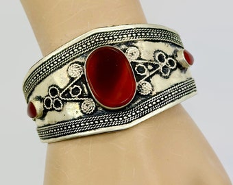 Carnelian Cuff, Afghan Bracelet, Silver Cuff, Middle Eastern, Boho Bracelet, Vintage Bracelet