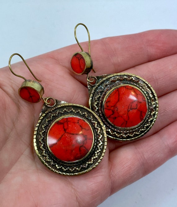 Boho Earrings, Vintage Earrings, Kuchi, Brass, Red