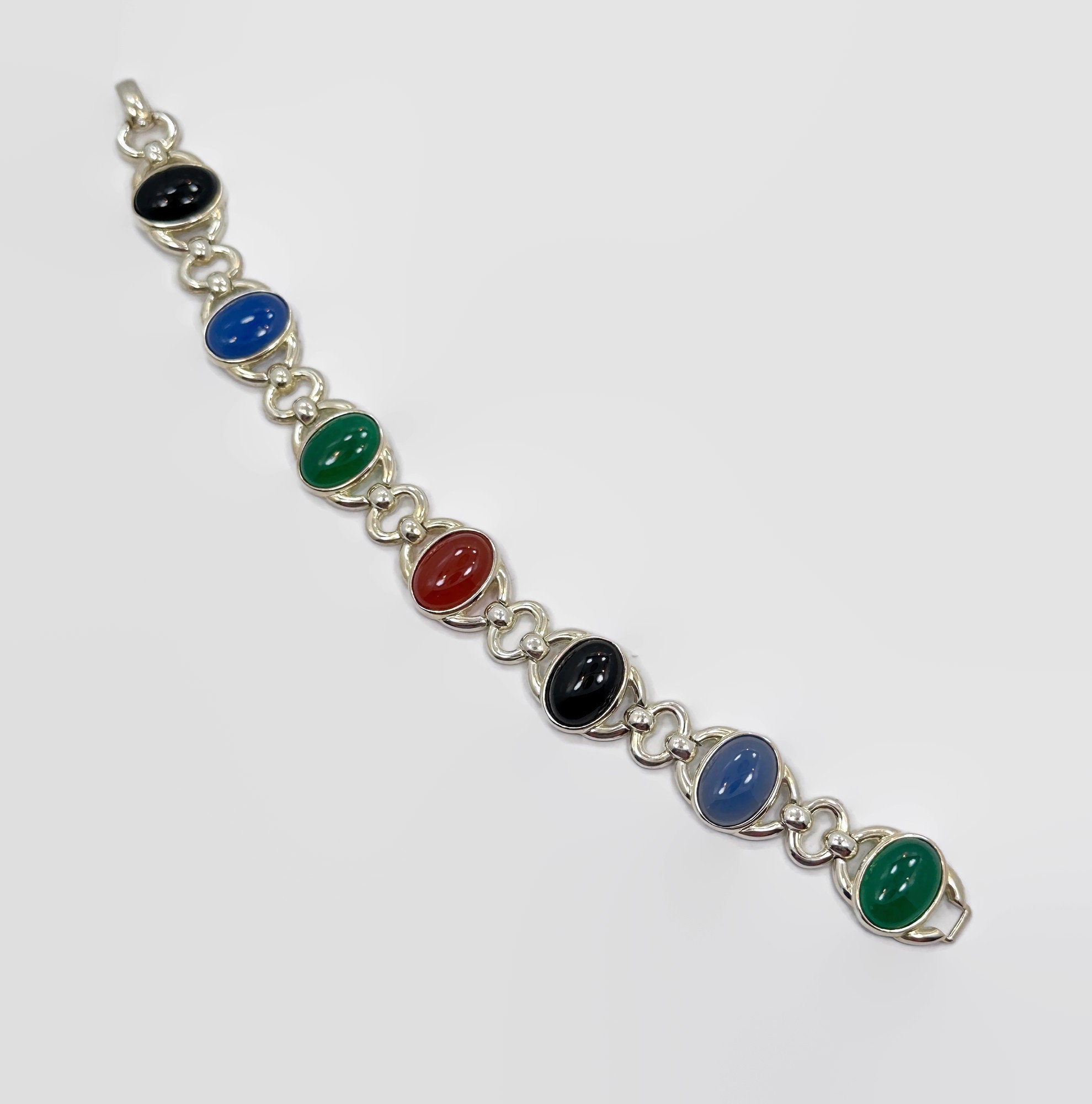 Stone Bracelet, Onyx, Chalcedony, Green, Black, Sterling Stone Bracelet, Onyx, Chalcedony, Green, Black, Sterling