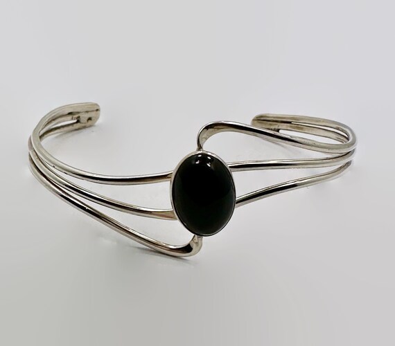 Black Onyx Cuff, Vintage Bracelet, Sterling Silve… - image 3