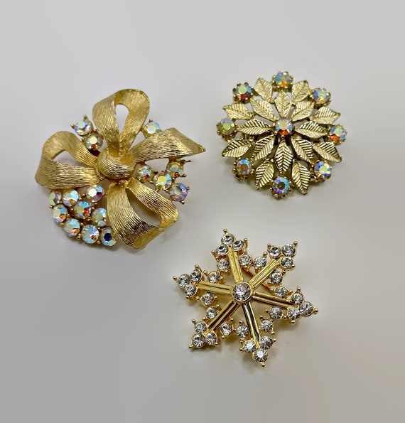 Rhinestone Pin Lot, Vintage Brooch, 3 Pieces, AB R