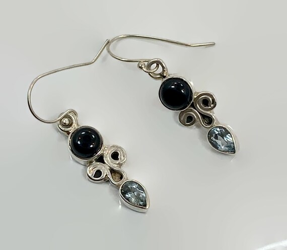 Black Onyx Earrings, Blue Topaz, Blue Stone, Ster… - image 1