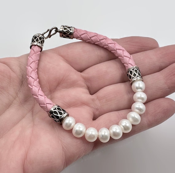 Pearl Bracelet, Sterling Silver, Pink Leather, Cu… - image 1