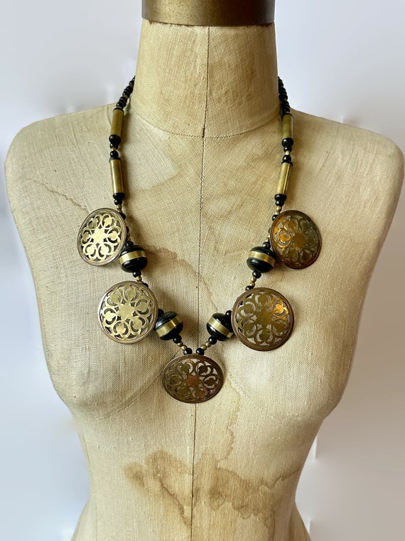 Boho Necklace, Brass, Wood, Beaded, 70s, Vintage,… - image 1