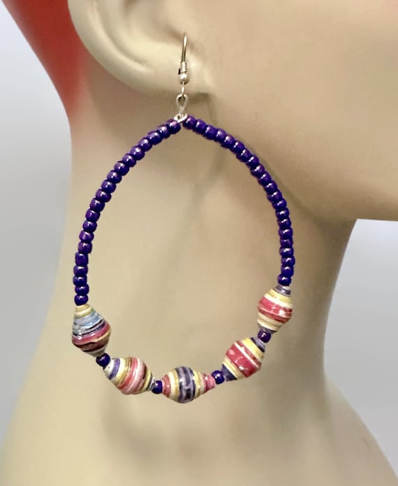 Purple Earrings, Huge, Paper Beads, Handcrafted, … - image 2