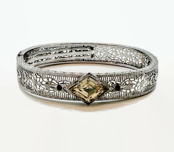 アクセサリー CTHY HERITAGE BANGLE RHODIUM SILVER Art Deco Bracelet, Filigree, Rhodium Plated, Hinged, Signed