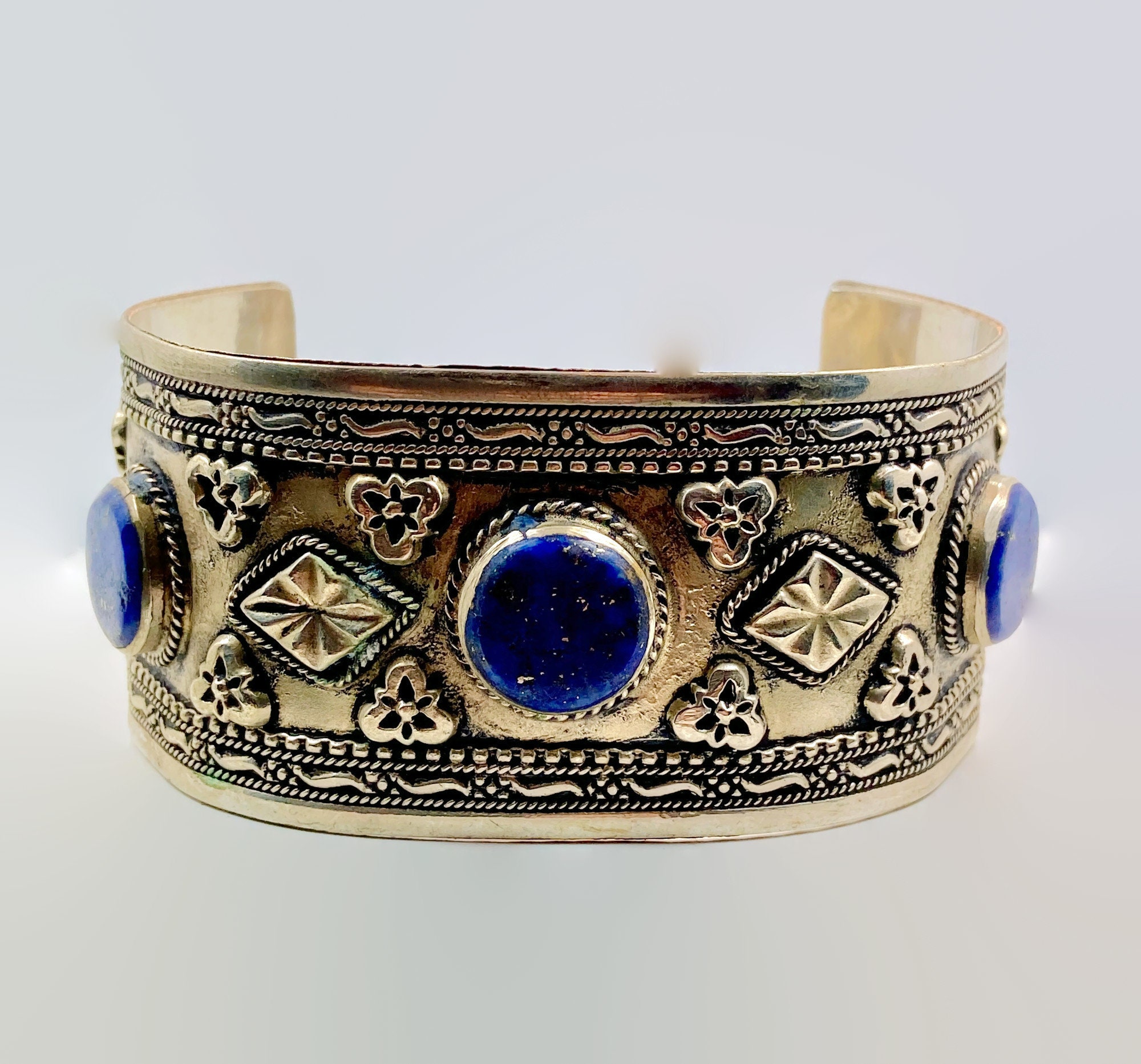 Lapis Bracelet, Afghan, Kuchi Jewelry, Silver Cuff, Brass, Mixed