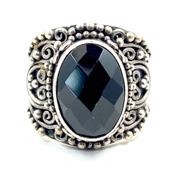 Black Onyx Ring, Sterling Silver, Vintage Ring, Suarti, Designer, BA Indonesia, Faceted Stone, Bali, Bohemian, Statement Ring, Boho