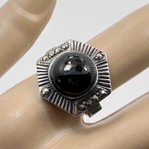 Onyx Ring, Marcasite, Sterling Silver, Black Onyx, Art Deco Style, Vintage Ring, Size 8