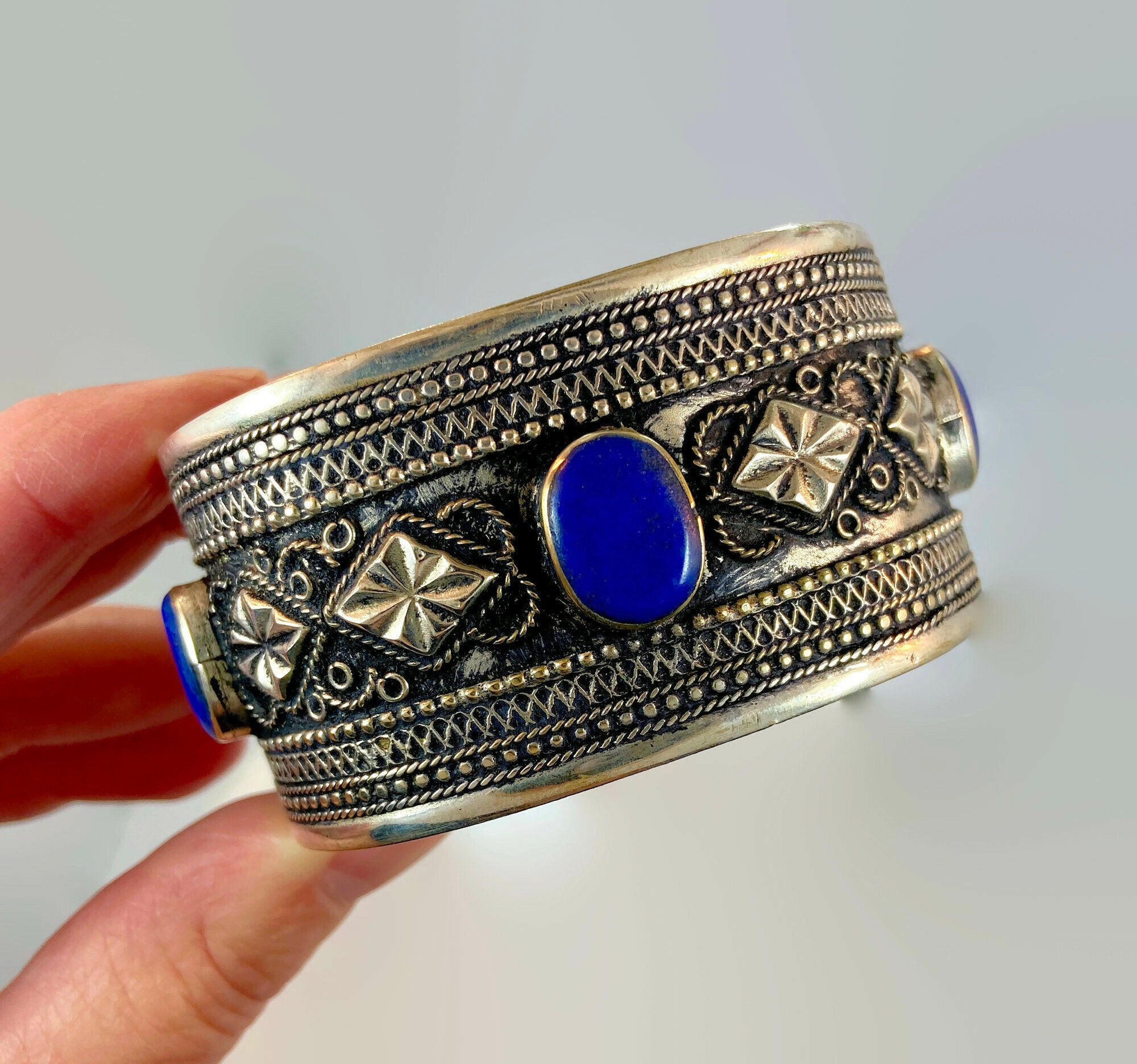 Lapis Bracelet, Afghan, Kuchi Jewelry, Silver Cuff, Brass, Mixed Metal,  Vintage No:ALP-1