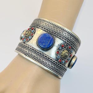 Lapis Bracelet, Afghan, Middle Eastern, Vintage Bracelet, Silver, Wide, Ornate, Turkmen, Kuchi, Belly Dance