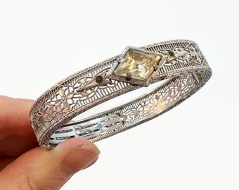 Art Deco Bracelet, Filigree, Rhodium Plated, Hinged, Signed
