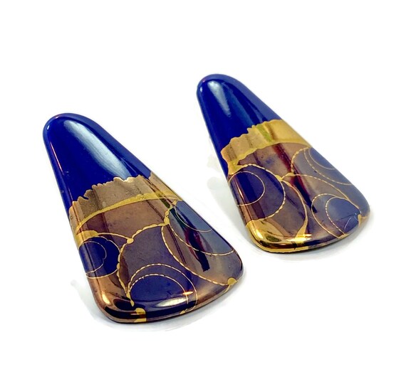 Cobalt Blue Earrings, Gold, Abstract, Porcelain, … - image 3