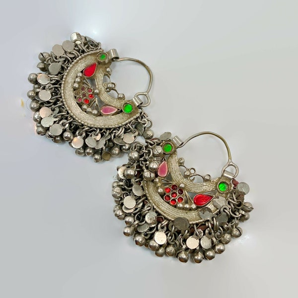 Hoop Earrings, Ear Weights, Jewels, Afghan, Kuchi Earrings, Vintage, Middle Eastern, Old,  Pierced, Silver, Patina