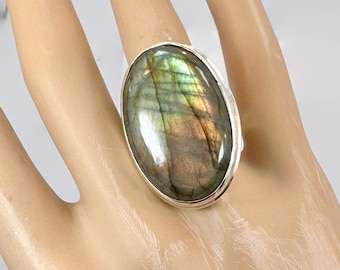 Labradorite Ring, Sterling Silver, Long, Oval, Large Stone, Big Statement, Size 9