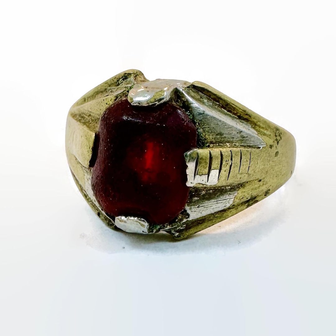 Afghan Ring, Old, Middle Eastern, Heavy Patina, Kuchi, Red Jewel ...