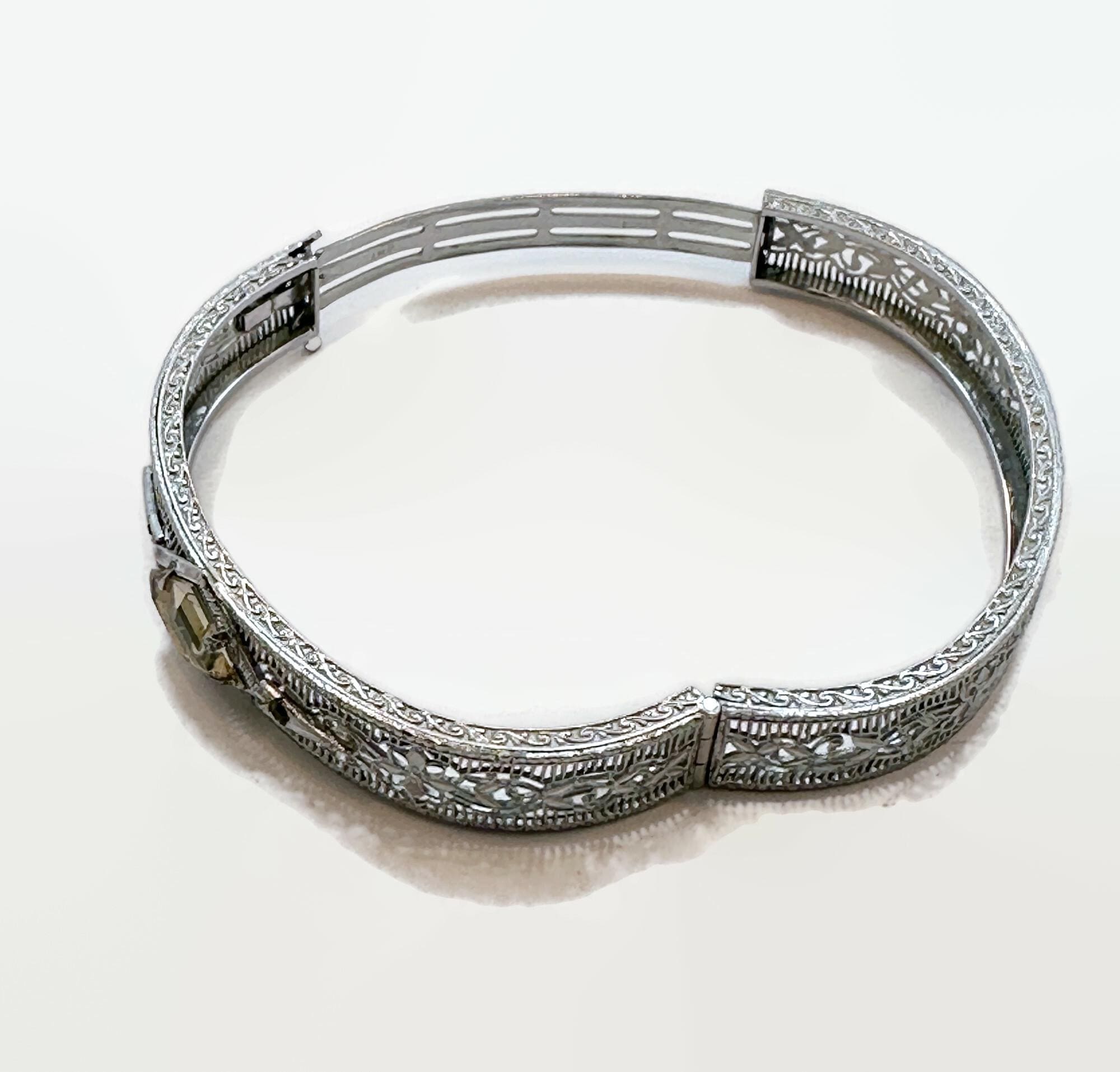Art Deco Bracelet, Filigree, Rhodium Plated, Hinged, Signed Art Deco Bracelet, Filigree, Rhodium Plated, Hinged, Signed
