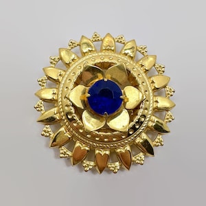 Vintage Brooch, Flower, Victorian Revival, Gold Tone, Blue Jewel, Ornate