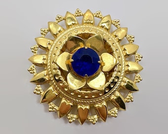 Vintage Brooch, Flower, Victorian Revival, Gold Tone, Blue Jewel, Ornate