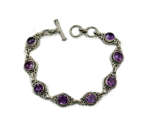 Bracelet Ancien En Améthyste Naturelle Et Argent Sterling - Violet Et Mauve - Occasion