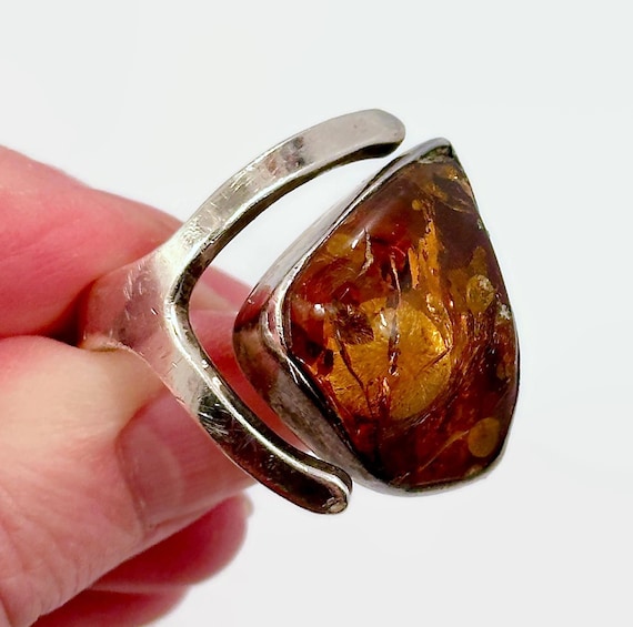 Vintage Honey Amber Sterling Silver Ring - Adjust… - image 1