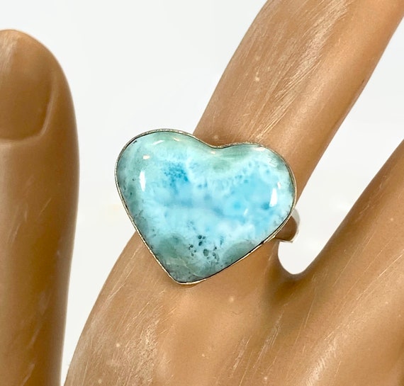 Sz 7 Vintage Designer Large Blue Larimar Modernist Sterling Silver Ring