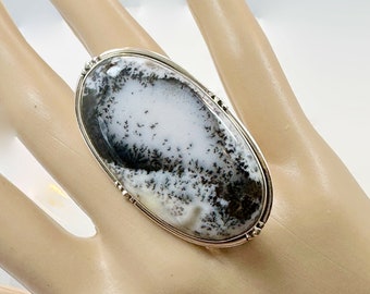 Dendritic Opal Ring, Sterling Silver, Dendritic Agate, Adjustable, Size 5,6,7,8,9, Handcrafted, Big Stone