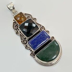 Big Pendant, Blue Lapis, Black Onyx, Amber, Green Onyx
