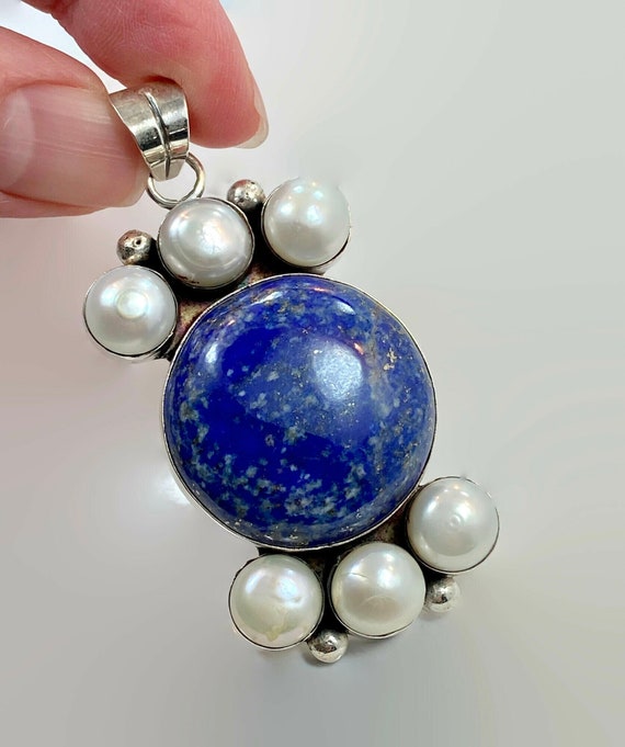 Blue Lapis Pendant, Pearls, Large, Vintage Pendant