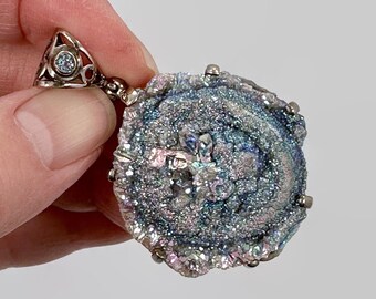 Druzy Pendant, Starboard, Sterling Silver, Drusy, Titanium, Vintage Pendant, Sparkling, Blue, Lavender, 2" Long, Designer