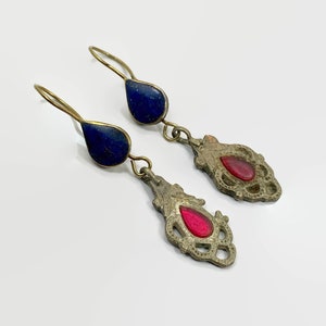 Afghan Earrings, Lapis, Jewels, Vintage Earrings, Middle Eastern, Mixed Metal, Silver, Brass, Red, Kuchi, Nomadic, Boho, Ethnic, Long
