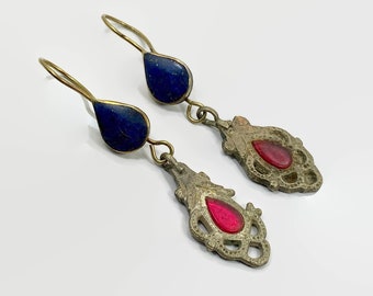 Afghan Earrings, Lapis, Jewels, Vintage Earrings, Middle Eastern, Mixed Metal, Silver, Brass, Red, Kuchi, Nomadic, Boho, Ethnic, Long